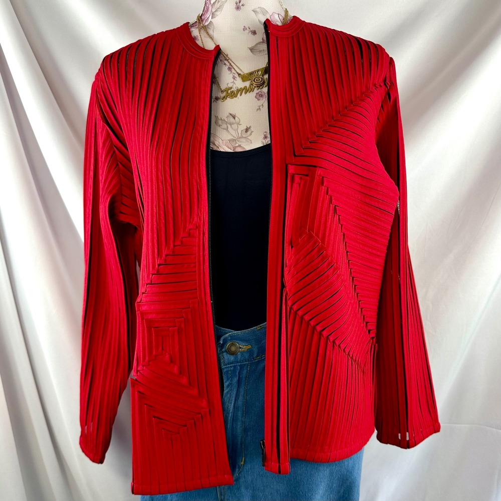 Vintage Laura Ashley Red Applique Ribbon Mesh Jacket Petite Medium Avant Garde - Picture 4 of 17